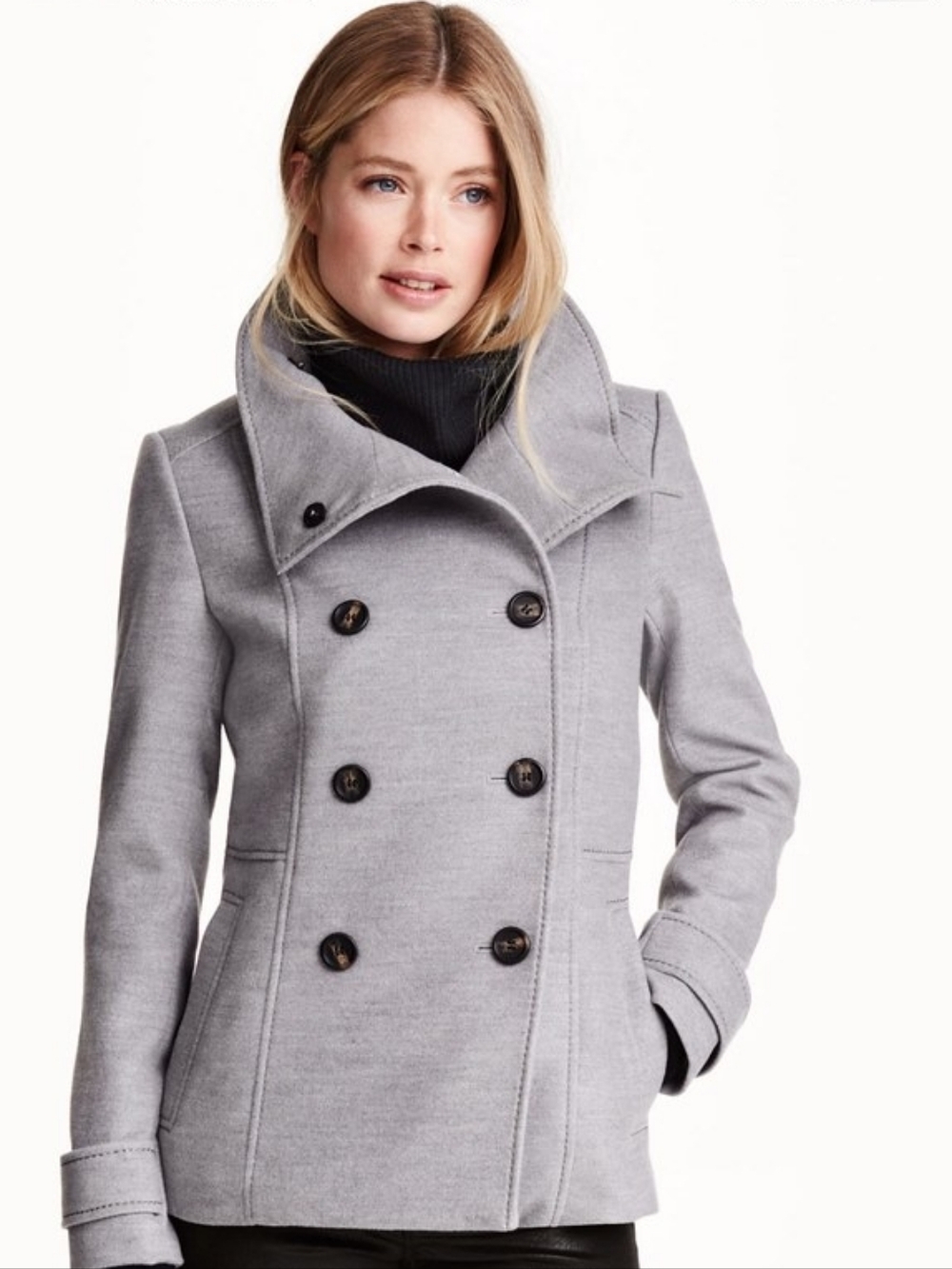 H&M Double-Breasted Heathered Grey Pea Coat Women's Size 10